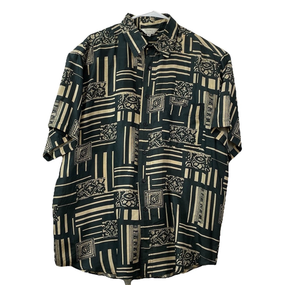 Pure Silk Spring Italy Mens 100% Silk Shirt XL Geometric Design Relaxed Fit‎